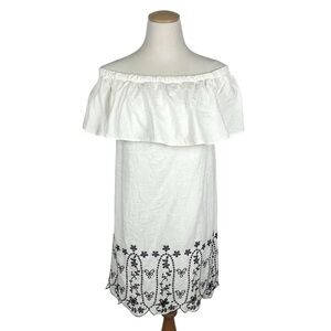 Old Navy Linen Blend Embroidered Eyelet Off the Shoulder White & Navy Dress XS